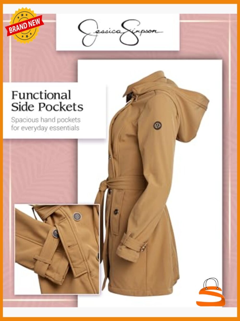 Trench Coat with Hood - Belted Softshell Jacket - Polar Fleece Lining - - Picture 5 of 7